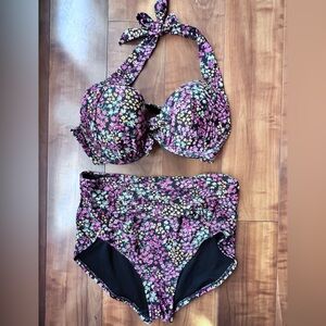 Adore Me Black Purple Floral Two Piece Tankini Swimsuit Bra 38 DD bottoms Large
